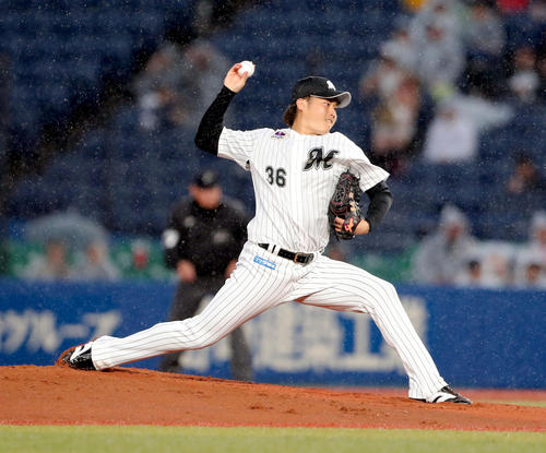 ロッテ対日本ハム　ロッテ先発の有吉（撮影・佐藤翔太）