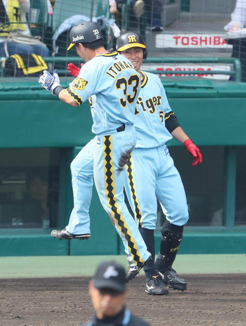 3回裏阪神2死一、二塁、大山悠輔の中前勝ち越し適時打で生還した糸原健斗は、江越大賀(右)とジャンピングハイタッチ(撮影・宮崎幸一)