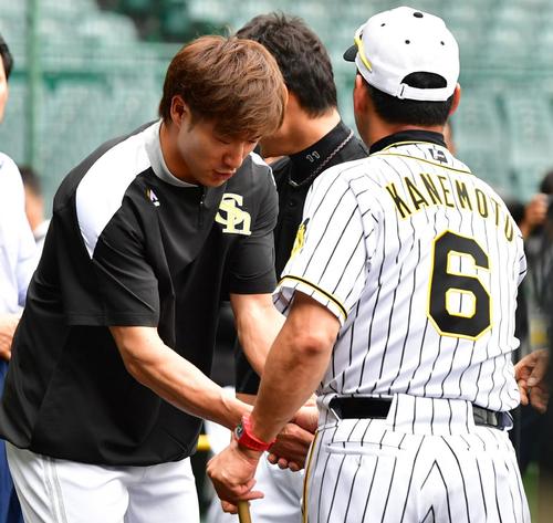 阪神対ソフトバンク　試合前、金本監督（右）とあいさつを交わす柳田（撮影・清水貴仁）