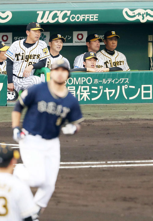 阪神対オリックス 2回表オリックス1死、ロメロ(手前)に先制のソロ本塁打を浴び、厳しい表情を浮かべる金本監督(右端)(撮影・前田充)