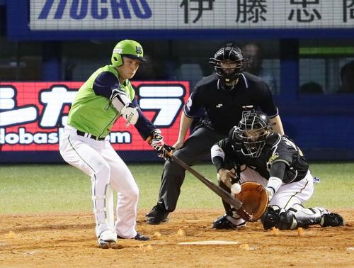 ヤクルト対阪神　５回裏ヤクルト１死満塁、中越え２点適時打を放つ川端。投手岩崎（撮影・足立雅史）