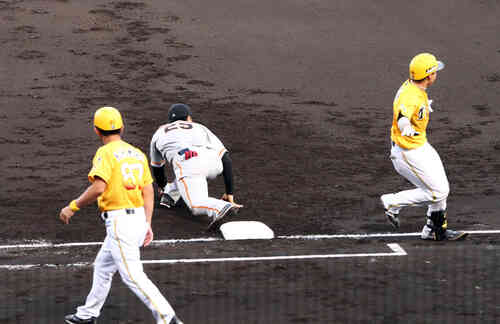 阪神対巨人 2回裏阪神無死一塁、梅野隆太郎はセーフをアピールするが、ビデオ判定で投ゴロ(撮影・上山淳一)