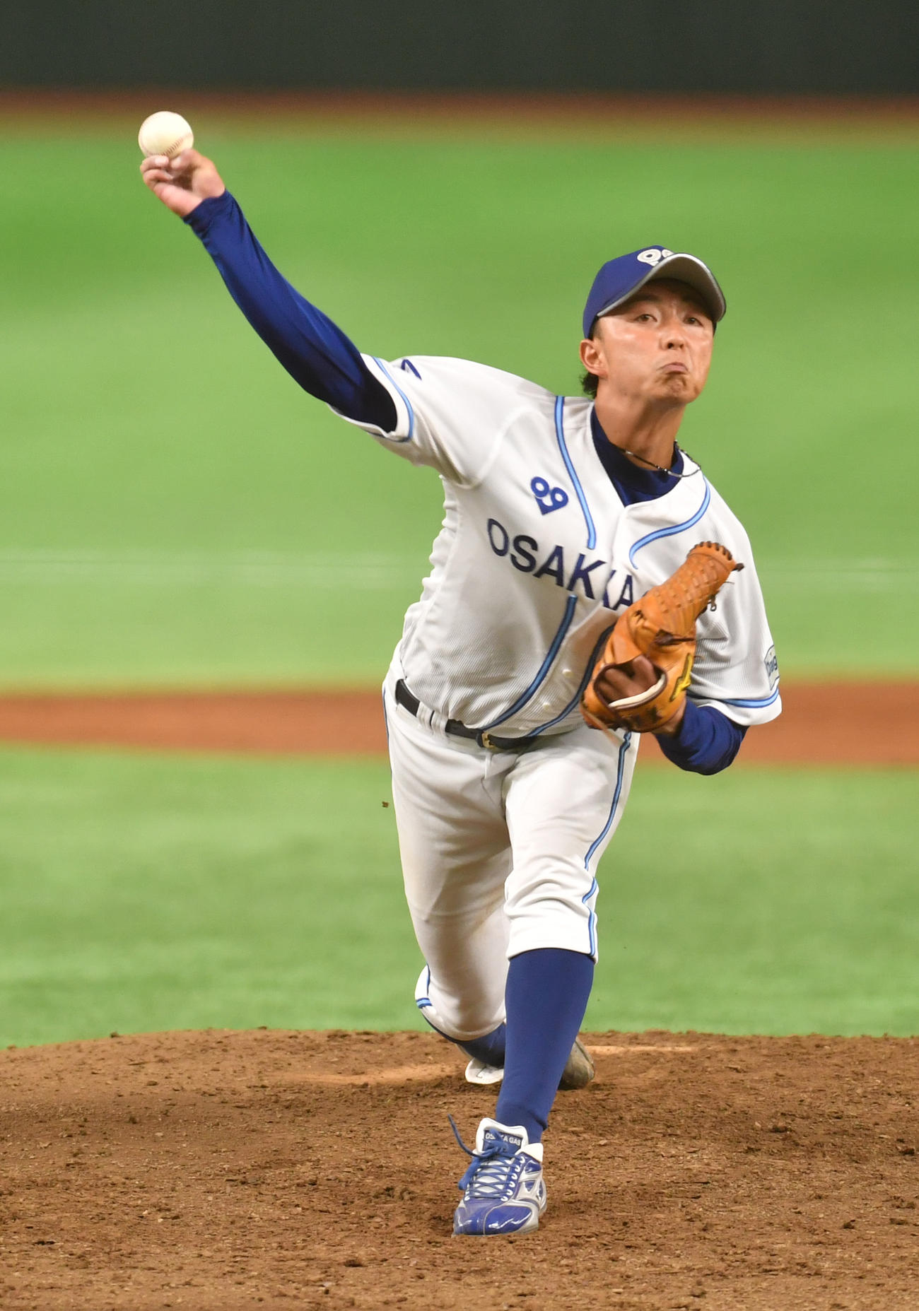信越クラブ対大阪ガス 先発した大阪ガスの温水(撮影・柴田隆二)
