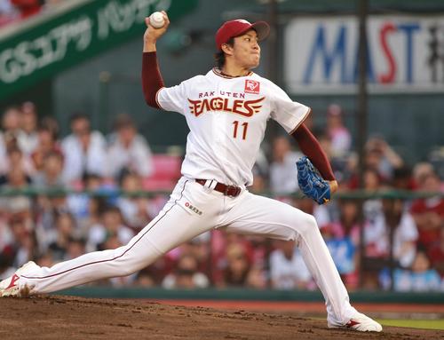 先発で登板し力投する楽天岸(撮影・中島郁夫)