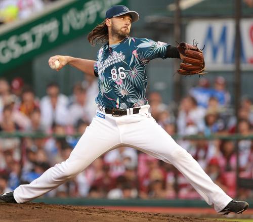 先発で登板し力投するロッテのボルシンガー(撮影・中島郁夫)