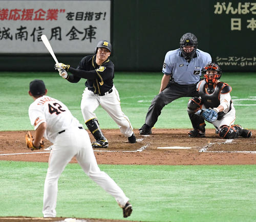 3回表阪神1死一、三塁、中犠飛を放つ福留。投手山口俊(撮影・鈴木みどり)