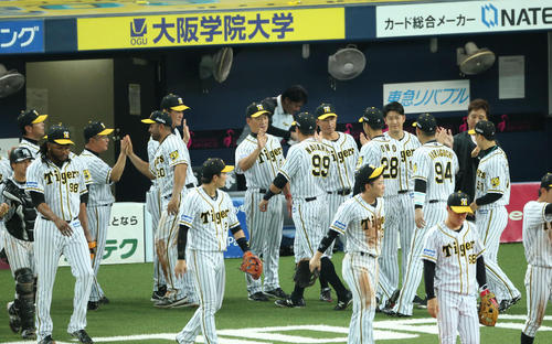 広島に勝利し笑顔でハイタッチをかわす阪神ナイン、ベンチ前で出迎える金本知憲監督(撮影・梅根麻紀)