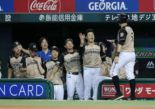 西武対日本ハム 4回表日本ハム2死一、二塁、渡辺の左中間適時打でレアード(右)が生還し喜ぶベンチ(撮影・鈴木正人)