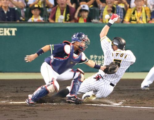 阪神対ヤクルト　4回裏阪神1死二塁、ナバーロの右前打で糸井が生還。左は捕手中村（撮影・上山淳一）