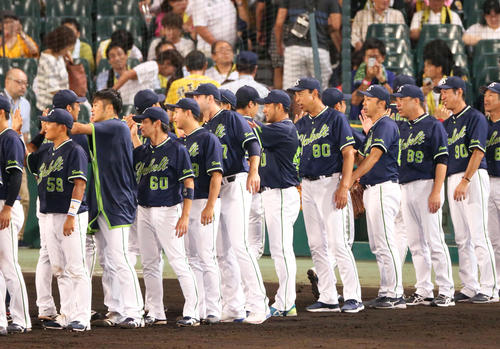 阪神対ヤクルト　阪神を倒しハイタッチするヤクルトナイン（撮影・上山淳一）
