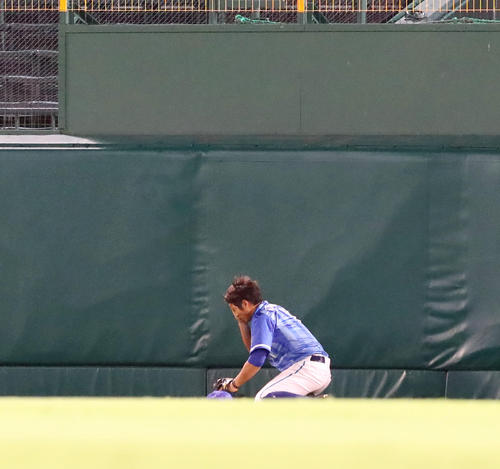 阪神対DeNA　3回裏阪神2死、桑原は陽川の飛球をジャンプして好捕する（撮影・加藤哉）