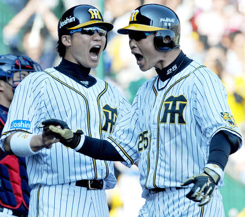 新井は同点3ランを放ち生還、良太（左）とともに喜ぶ（2013年5月撮影）