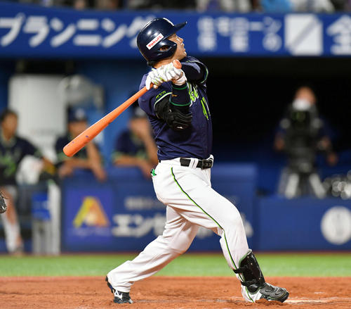 DeNA対ヤクルト　9回表ヤクルト2死、雄平は勝ち越し左越えソロ本塁打を放つ（撮影・滝沢徹郎）