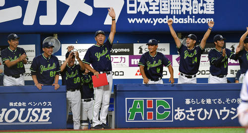 DeNA対ヤクルト　9回表ヤクルト2死、雄平の勝ち越し左越えソロ本塁打で盛り上がるベンチ。左は小川監督（撮影・滝沢徹郎）