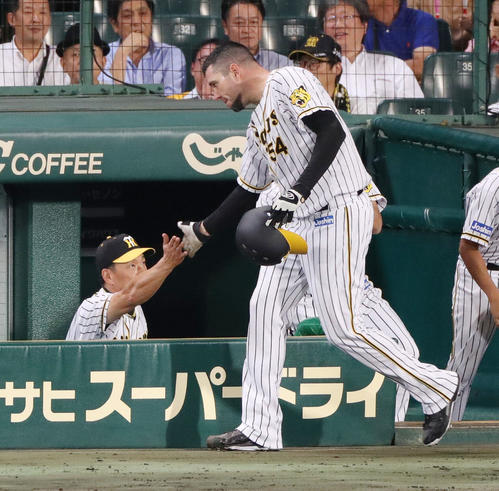 阪神対中日 3回裏阪神2死一、三塁、糸井の右前適時打で生還したメッセンジャー(右)を迎える金本監督(撮影・前田充)