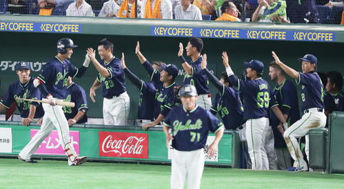 中犠飛を放った宮本丈(左から2人目)をタッチで迎えるナイン(撮影・足立雅史)