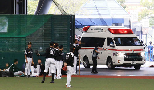 西武対ソフトバンク　西武の打撃練習中に打球がソフトバンク柳田の側頭部に当たりメットライフドームに入る救急車（撮影・江口和貴）