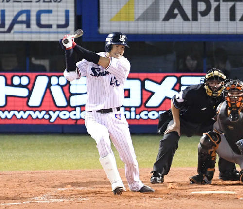 ヤクルト対巨人 4回裏ヤクルト2死三塁、坂口は左前に適時打を放つ。投手吉川光(撮影・山崎安昭)