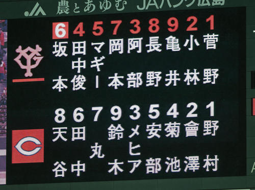 広島対巨人　スタメン（撮影・栗木一考）＝2018年10月04日、マツダスタジアム