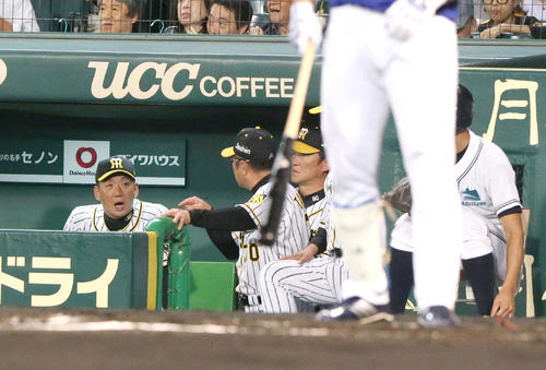 阪神対中日　2回表中日無死一塁、平田の遊ゴロを植田海がトンネルした後、コーチ陣と話す金本監督（左）（撮影・上山淳一）