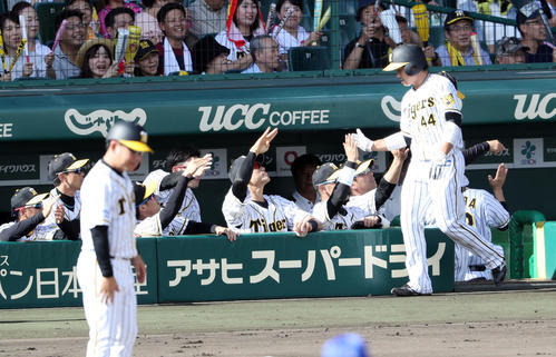 阪神対DeNA　2回裏阪神1死三塁、陽川の適時二塁打で先制の生還を果たした梅野を迎える阪神ナイン（撮影・前田充）
