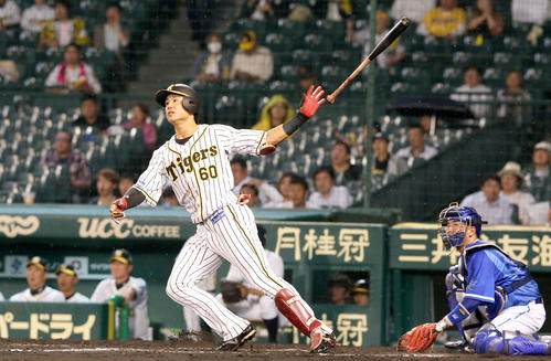 阪神対DeNA 6回裏1死、中谷は同点の左越え本塁打を放つ(撮影・上山淳一)