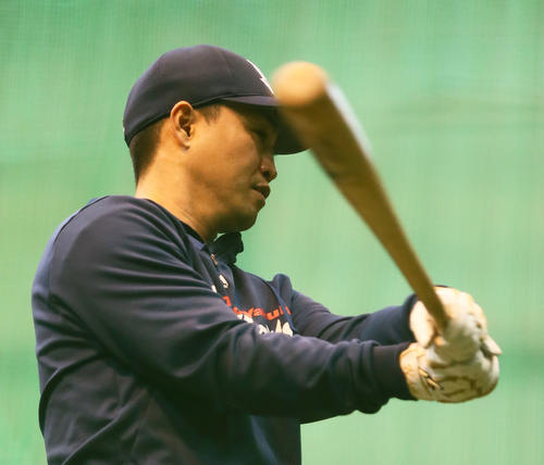 試合前、打撃練習を行うヤクルト青木(撮影・足立雅史)
