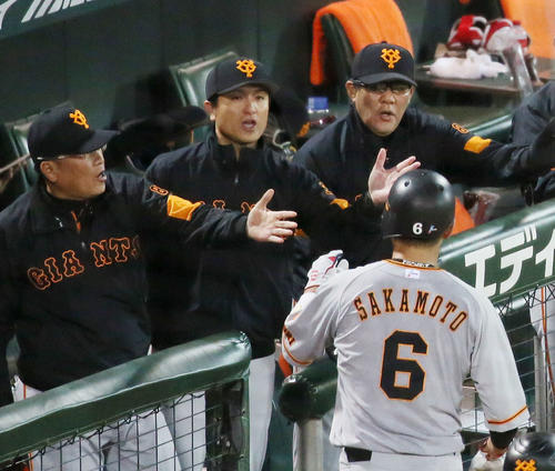 広島対巨人　6回表巨人2死二塁、マギーの左前打で生還した坂本勇を出迎える高橋監督（撮影・林敏行）