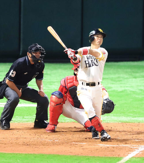 ソフトバンク対広島　7回裏ソフトバンク1死、右越えに同点ソロ本塁打を放つ明石（撮影・江口和貴）