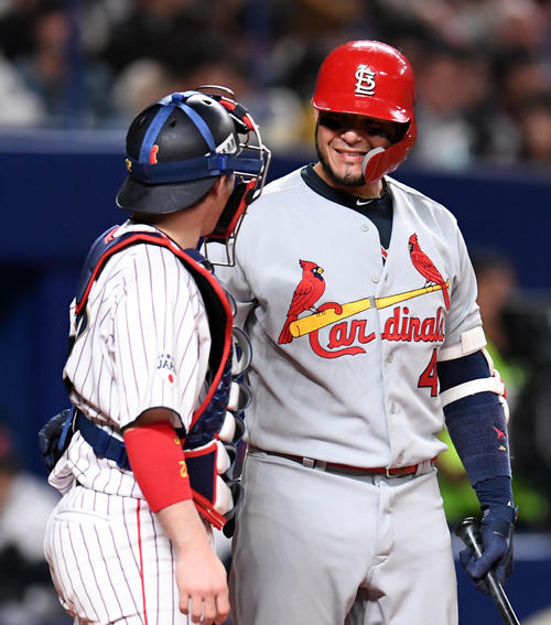 日本対MLB　1回表MLB無死一塁、モリーナ（右）と話す甲斐（撮影・前岡正明）
