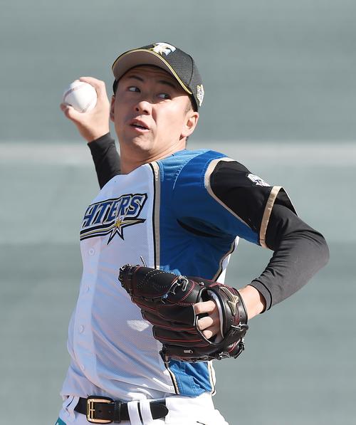 キャンプインし、ブルペンで投球練習をする日本ハム斎藤（撮影・菅敏）