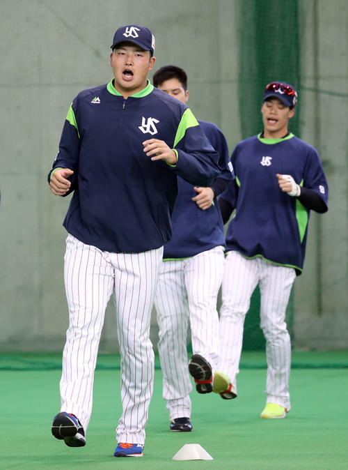 早出トレーニングを行う村上（手前）らヤクルトの選手たち（撮影・狩俣裕三）