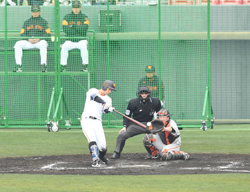 巨人紅白戦　5回裏1軍2死二塁、吉川尚は左前適時打を放つ（撮影・山崎安昭）