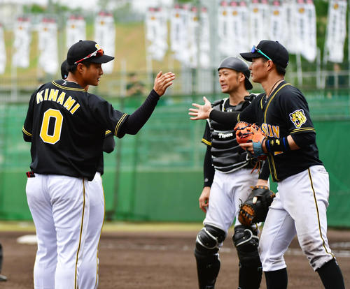 紅白戦　紅白戦に勝利しタッチを交わす木浪（左）と北條（撮影・清水貴仁）