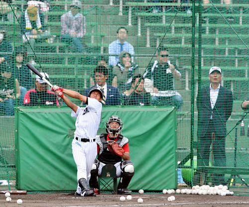 フリー打撃で快音を響かせるロッテ藤原。奥左から井口監督、視察に訪れた侍ジャパン稲葉監督、中畑氏（撮影・滝沢徹郎）
