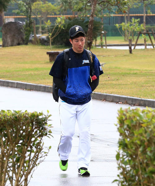 雨天のため室内練習場に移動する日本ハム吉田輝(撮影・江口和貴)