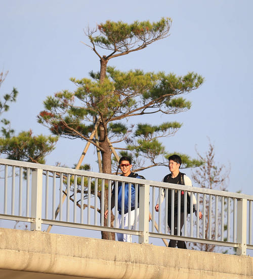 一緒に球場へ向かう日本ハム吉田輝（右）と柿木（撮影・江口和貴）