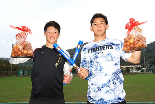 バレンタインデーで贈られた沖縄の揚げ菓子「サーターアンダギー」とチョコ入りバットを手に日本ハム吉田輝（左）と柿木（撮影・江口和貴）