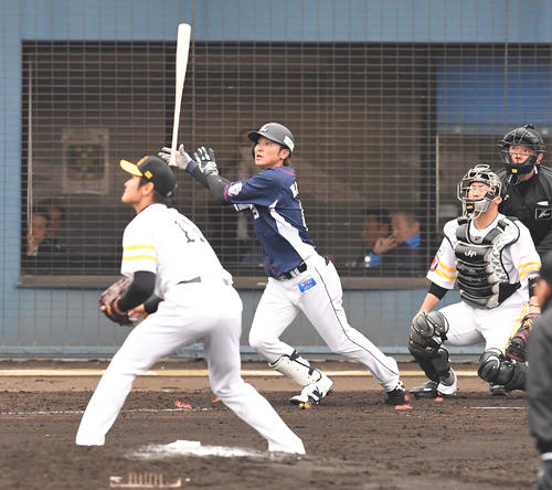 5回表西武1死一塁、金子侑司は中田賢一から右越えに2点本塁打を放つ(撮影・今浪浩三)