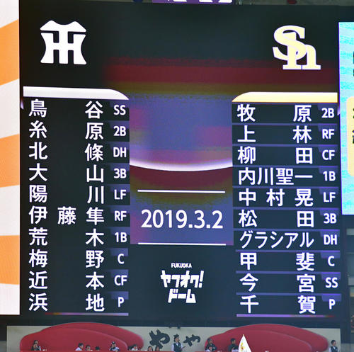 ソフトバンク対阪神　両軍スタメン（撮影・清水貴仁）