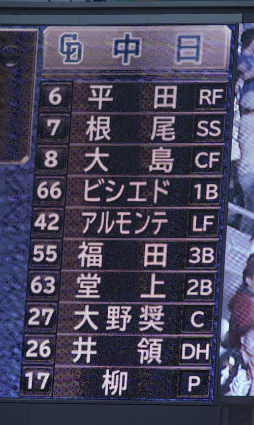 中日対西武 中日スタメン(撮影・前岡正明)