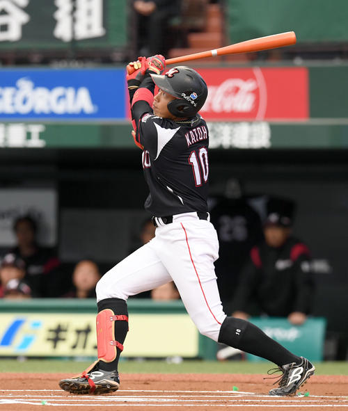 西武対ロッテ 1回表ロッテ1死、右越えにソロ本塁打を放つ加藤(撮影・たえ見朱実)