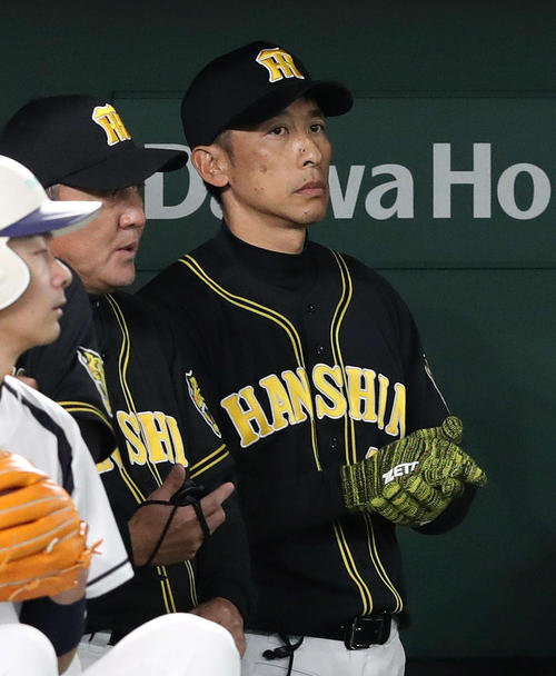 巨人対阪神　ベンチで虎柄？　の手袋をして指揮する阪神矢野監督（撮影・松本俊）