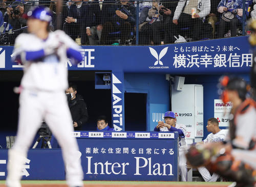 DeNA対巨人　7回裏DeNA2死一塁、自身の打席で代打倉本を送られ、戦況をベンチから見つめる先発今永（撮影・林敏行）