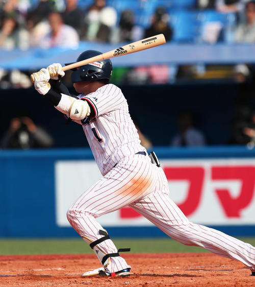 ヤクルト対中日　5回裏ヤクルト2死一、二塁、山田哲は右越え2点適時二塁打を放つ（撮影・足立雅史）