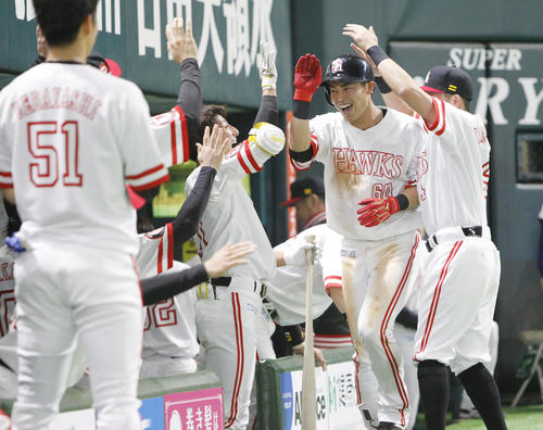 ソフトバンク対ロッテ　8回裏ソフトバンク1死、プロ入り1号となる右越え初本塁打を放ち祝福される釜元（撮影・菊川光一）