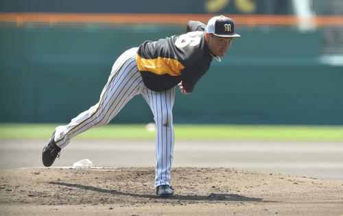 マウンドの感触を確かめながら投球練習をする秋山（撮影・上田博志）