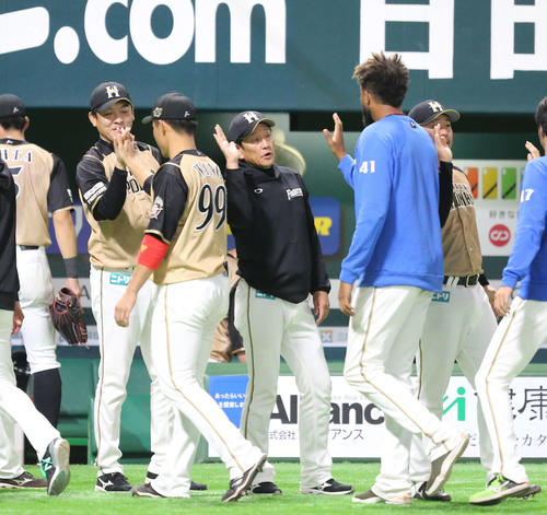ソフトバンク対日本ハム　ソフトバンクに勝利しハイタッチをかわす日本ハムナイン（撮影・梅根麻紀）