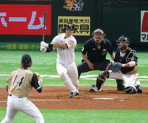 ソフトバンク対日本ハム　4回裏ソフトバンク2死満塁、右前に2点適時打を放つ上林（撮影・菊川光一）