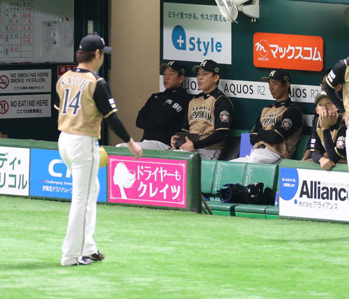 ソフトバンク対日本ハム　4回途中で降板する加藤の左奥で残念そうな表情を見せる栗山監督（撮影・菊川光一）